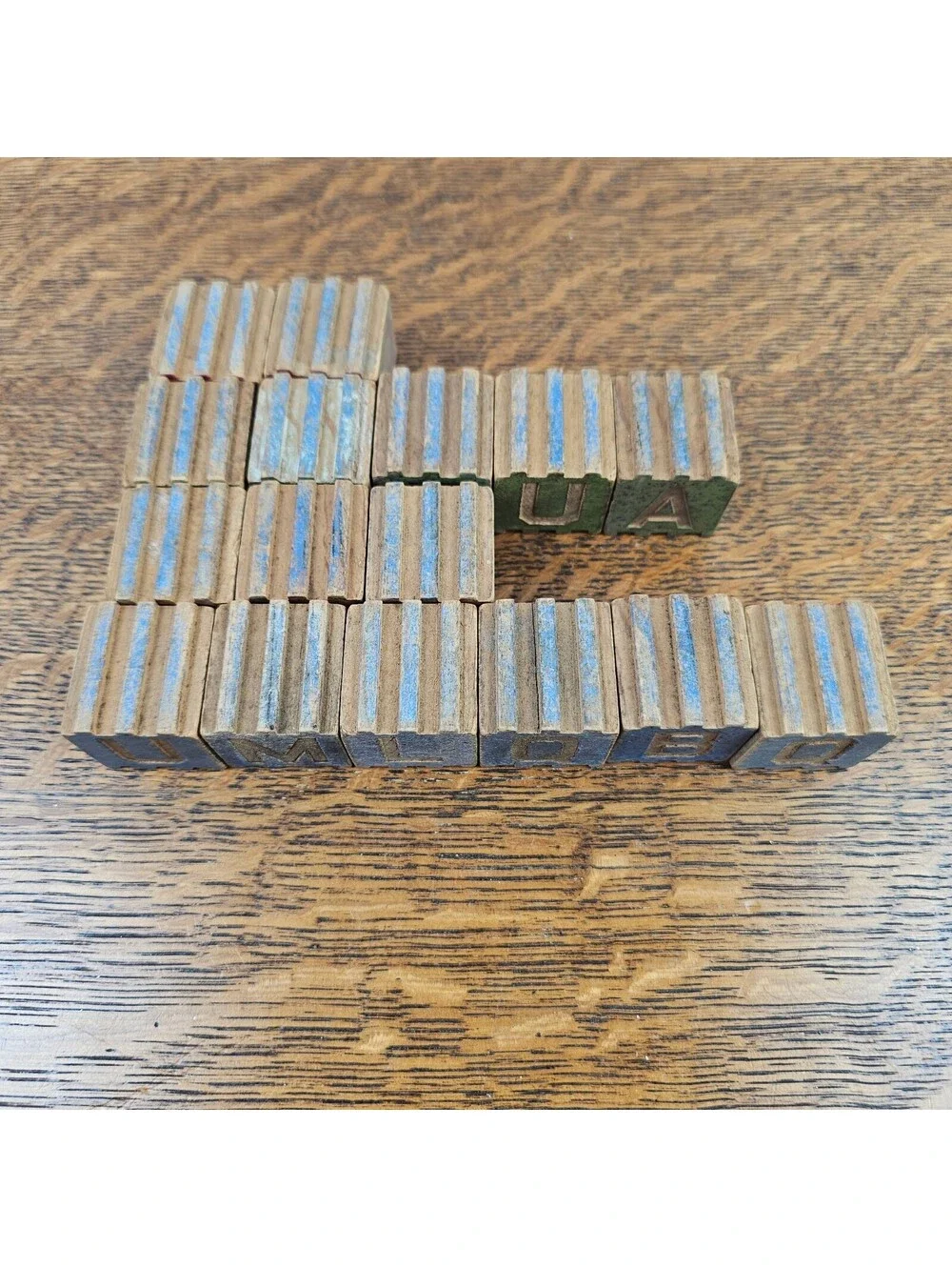 Vintage Interlocking Wooden Alphabet Blocks Lot 16 ABC Picture Toy Raised Stripe